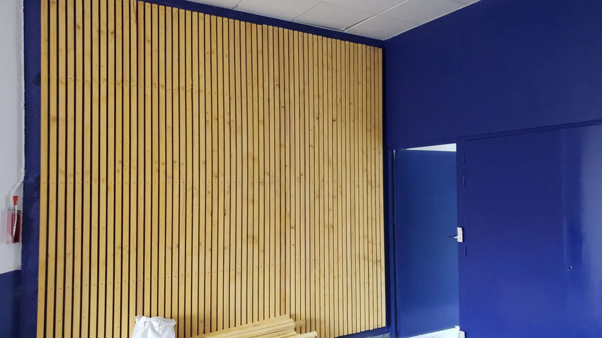 Local professionnel aux murs et portes peints en bleu outremer, mur habillé de tasseaux de bois et faux plafond en dalles
